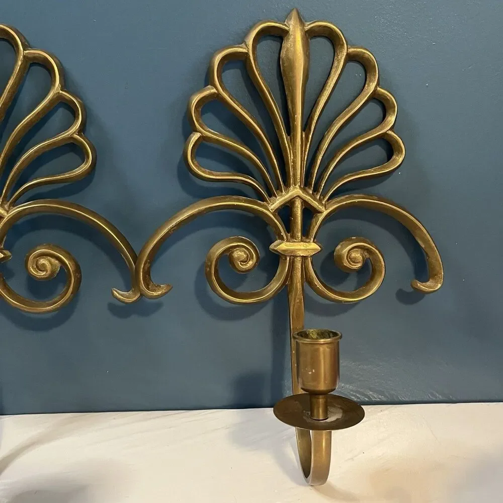 Solid Brass Wall Mounted Sconces Pair Scroll Design 90’s Single Candlestick
